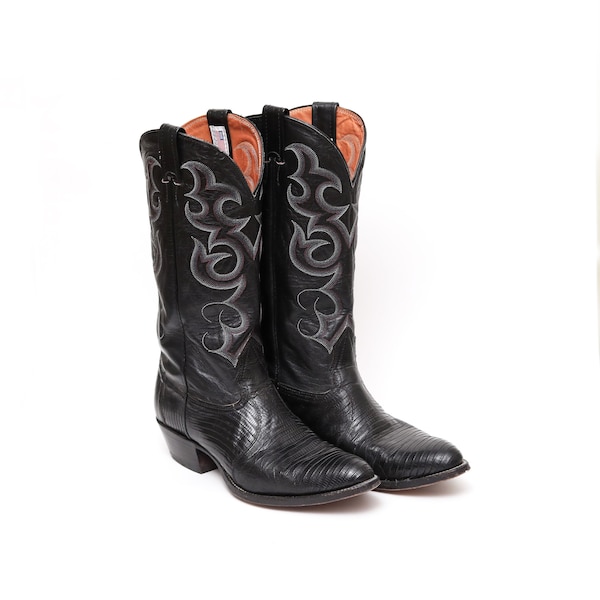 men's vintage Nocona black fancy stitch leather and lizard cowboy boots 9D
