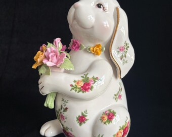 Royal Albert Old Country Roses Floppy Ear Bunny Figurine With Flower Bouquet