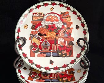 Set of 4 Royal Norfolk Christmas Santa Plates 8" Holiday Workshop Cross Stitch