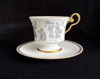 Vintage PMR Bavaria Jaeger and Co. Teacup and Saucer | Greek Classical Figural Porcelain | White & Gold Fine China | Made in Germany