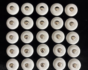 Lot of 25 Vintage White Porcelain Mushroom Knobs Cabinet Pulls - Taiwan- 22 Original Screws - Brass Base