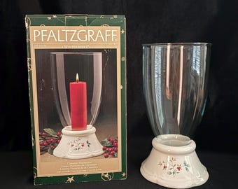 Vintage Pfaltzgraff Winterberry Ceramic Hurricane Candle Lamp 247-142-00 with Original Box, Christmas Holiday Stoneware & Glass Chimney