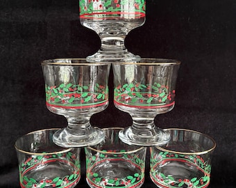Vintage Arby’s Christmas Glasses Set of 6, Libbey Holly Berry Dessert Cups, Gold Trim Tall Sherbet Parfait Dishes, 1980s Holiday Barware