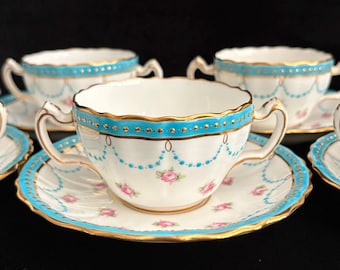 Antique Minton Teacup and Saucer Set G8607 Two Handled Bouillon Cup Gilman Collamore New York Turquoise Enamel Garlands and Pink Roses