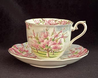 Vintage Royal Albert Blossom Time Teacup and Saucer Set, Mid Century Pink Cherry Blossom Fine Bone China, Made in England 1940s 1950s