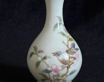 Vintage Japanese Porcelain Miniature Bud Vase 4.5 Inch, Small Bird and Cherry Blossom Flower Vase, Unmarked Yamaji Style Fine China, Cottage