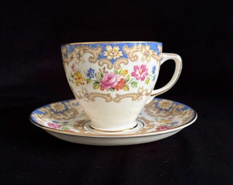 Vintage Old Royal Teacup and Saucer Set Pattern 2859 | Sampson Smith English Bone China 1930s | Cobalt Blue Gold Floral Tea Cup Replacement
