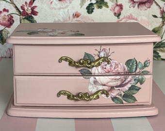 Vintage Musical Jewelry Box – Dusty Rose Hand-Painted Jewelry Chest with Floral Transfers – Romantic Shabby Chic Decor – Unique Gift for Her