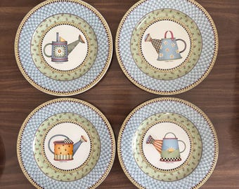 Sakura Watering Can. Debbie Mumm. Complete Set of 4 Salad Luncheon Plates. So Adorable