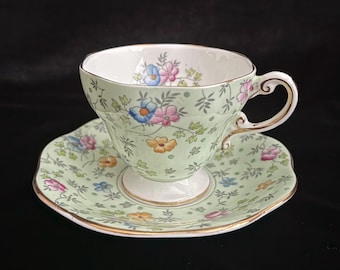 Vintage EB Foley Mint Green Chintz Teacup and Saucer Set V2390, English Fine Bone China, Mid Century Floral Tea Cup Made in England