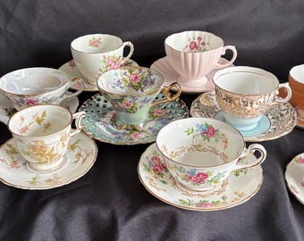 Mismatched China Teacups and Saucers, Floral Patterns