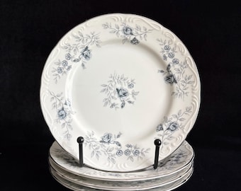 Set of 4 Vintage Daniele Baroque Bleu Bread Plates, 6.375" Fine Porcelain China Japan, Blue Gray Roses with Platinum Trim, Mint Condition