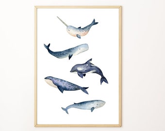 Watercolor whales print, blue whales art, whales nursery art, whales art print, boys nursery art, blue nursery art, watercolor sea creatures