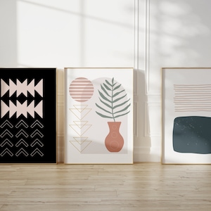 Boho set of 3 art prints, boho plant sun lines, printable art set of 3, boho prints, boho wall decor, abstract geometric art, boho print set