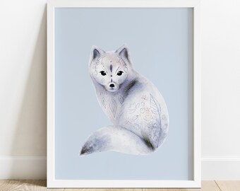 Fox wall art, fox illustration, fox painting, arctic fox, boho fox, printable fox, arctic animals art, nursery art fox, printable wall art