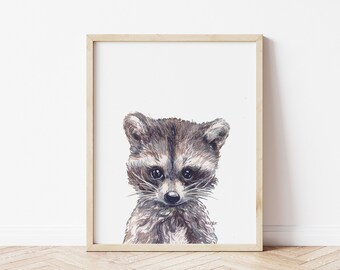 Baby raccoon print, raccoon painting, baby animals nursery art, woodland animals, raccoon art, boys nursery art, printable art nursery