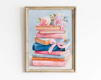 Stack of Books Wall Art, Book Lover Print, Pink Bow Library Decor, Reading Nook Artwork, Floral Book Stack, Cozy Bookish Wall Art Print Gift