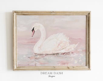White Swan Painting, Swan Wall Art, Pink Cottage Decor, Vintage Bird Artwork