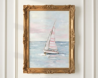 Pink Sailboat Painting, Coastal Wall Art, Nautical Beach House Decor, Cape Cod Artwork