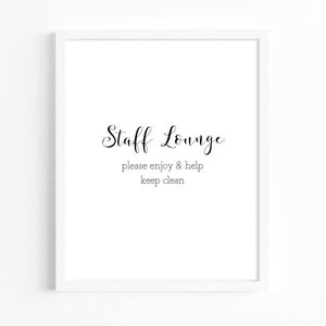 Segno della sala del personale, arte della parete dell&#39;ufficio, arte dell&#39;ufficio, segni dell&#39;ufficio, segno della stanza del personale, segno di mantenerlo pulito, ripulire l&#39;ufficio del segno, segno della sala relax