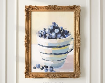 Blueberry Bowl Painting, Cottage Kitchen Wall Art, Blue White Still Life Decor, French Country Artwork