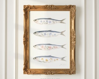 Sardine Wall Art, Floral Fish Print, Coastal Kitchen Artwork, Nautical Wall Art Print, Beach House Home Decor