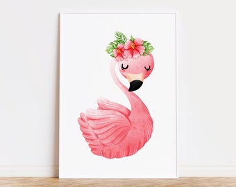 Flamingo with floral crown art, pink flamingo art, flamingo print, printable art, nursery art, cute animal wall art, girls room art pink