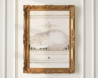 Persian Cat Wall Art, Sleeping Cat Piano Print, Vintage Music Artwork, Cozy Pet Wall Art Print, Soft Neutral Home Decor