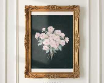 Pink Folk Flower Wall Art, Vintage Floral Bouquet Print, Soft Botanical Artwork, Cottage Wall Art Print, Romantic Home Decor