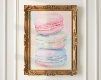 Macaron Wall Art, Pink Blue French Dessert Print, Pastel Bakery Artwork, Kitchen Wall Art Print, Paris Cafe Home Decor