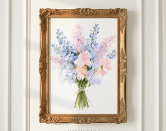 Purple Wildflower Wall Art, Botanical Bouquet Print, Soft Floral Artwork, Cottage Garden Wall Art Print, Spring Home Decor