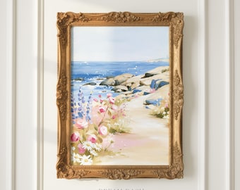 Coastal Flower Path Wall Art, Ocean Landscape Print, Wildflower Seaside Artwork, Beach House Wall Art Print, Coastal Cottage Decor