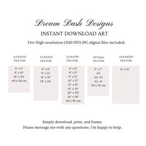 May include: Digital art print details are displayed, including sizes like 4x5 inches, 8x10 inches, and 16x20 inches. The text reads "Dream Dash Designs" and "Instant Download Art." The image also lists file ratios and sizes in cm.