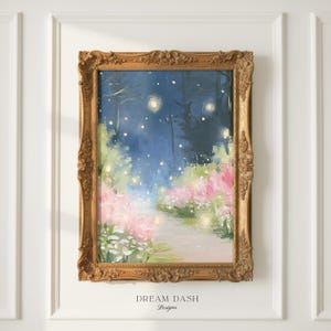 May include: A vertical oil painting in an ornate gold frame depicting a night scene with a path winding through pink flowers and green foliage under a dark blue sky filled with glowing yellow orbs. The text DREAM DASH Designs is below.