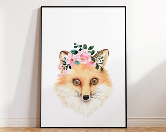 Baby fox with floral crown, floral crown fox, watercolor fox, printable art for girls room, nursery animals, girl nursery art, woodland fox