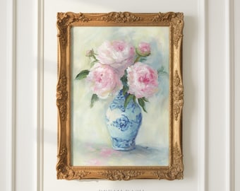 Pink Peony Painting, Blue White Ginger Jar Art, Vintage Floral Wall Decor, Cottage Flower Artwork