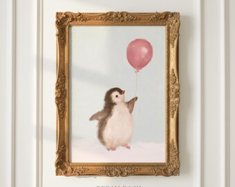 Penguin Wall Art, Red Balloon Animal Print, Cute Winter Nursery Artwork, Whimsical Wall Art Print, Kids Room Decor