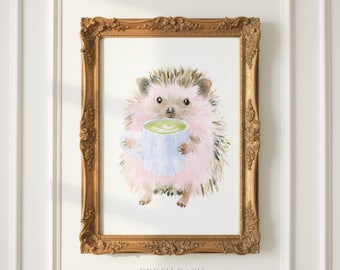 Hedgehog Wall Art, Cute Matcha Latte Animal Print, Cozy Woodland Artwork, Nursery Wall Art Print, Whimsical Home Decor