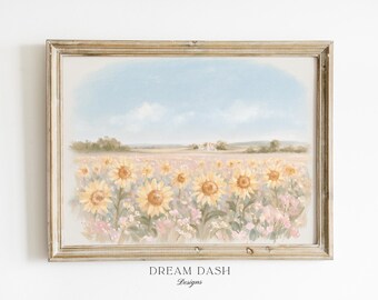 Sunflower Field Wall Art, Bright Floral Landscape Print, Soft Country Meadow Artwork, Cottage Garden Wall Art Print, Summer Home Decor