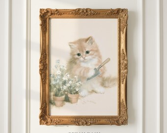 Orange Kitten Wall Art, Garden Cat Print, Cute Floral Pet Artwork, Cottage Nursery Wall Art Print, Soft Home Decor