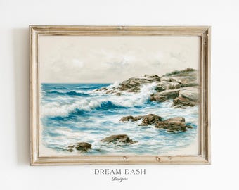Rocky Ocean Wall Art, Vintage Coastal Landscape Print, Blue Seascape Artwork, Beach House Wall Art Print, Nautical Decor