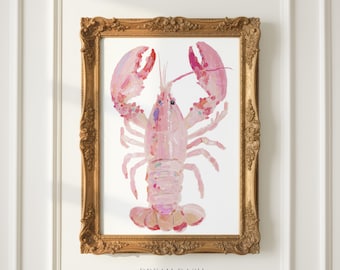 Pink Lobster Painting, Coastal Kitchen Wall Art, Nautical Beach House Decor, Maine Coastal Artwork