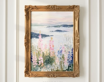 Pink Lupine Coastal Wall Art Printable, Cottagecore Ocean Landscape Print, Soft Pastel Floral Decor