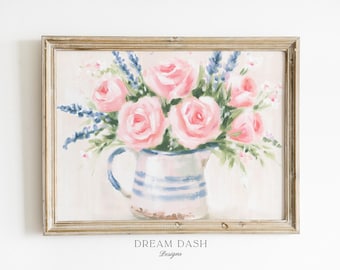 Pink Rose Wall Art, Lavender Floral Pitcher Print, Cottage Garden Artwork, Soft Botanical Wall Art Print, Spring Home Decor