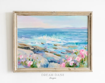 Maine Coast Painting Print, New England Coastal Landscape, Ocean View Wall Art, Pink Roses Beach Artwork, Coastal Decor, Seaside Wall Art