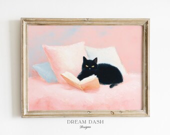 Black Cat Wall Art, Cat Reading In Bed Print, Pink Bedroom Artwork, Book Lover Decor, Cozy Cat Wall Art Print