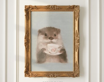 Otter Wall Art, Cute Teacup Animal Print, Cozy Woodland Artwork, Nursery Wall Art Print, Whimsical Home Decor