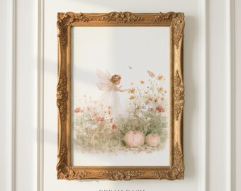 Autumn Fairy Wall Art, Pumpkin Garden Print, Whimsical Fall Artwork, Storybook Wall Art Print, Seasonal Home Decor