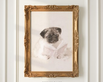 Pug Wall Art, Reading Dog Print, Book Lover Pet Artwork, Cozy Animal Wall Art Print, Cute Dog Lover Home Decor