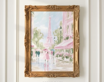 Pink Paris Street Wall Art, Romantic Rainy City Print, French Architecture Artwork, Eiffel Tower Wall Art Print, European Home Decor